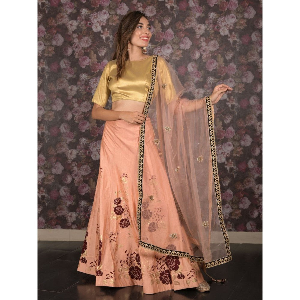 Odette Peach Hand Printed Semi-Stitched Lehenga with Unstitched Blouse and Dupatta (Set of 3)