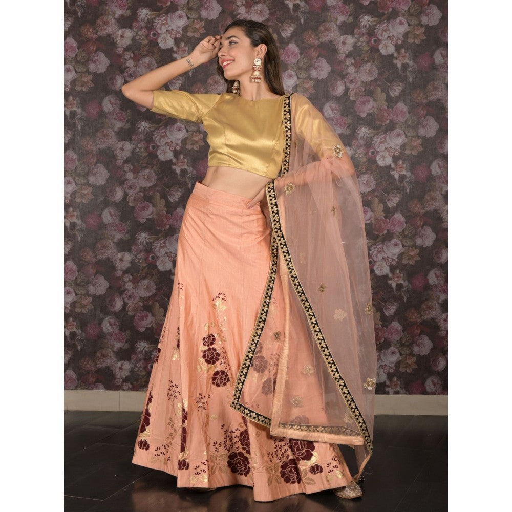 Odette Peach Hand Printed Semi-Stitched Lehenga with Unstitched Blouse and Dupatta (Set of 3)