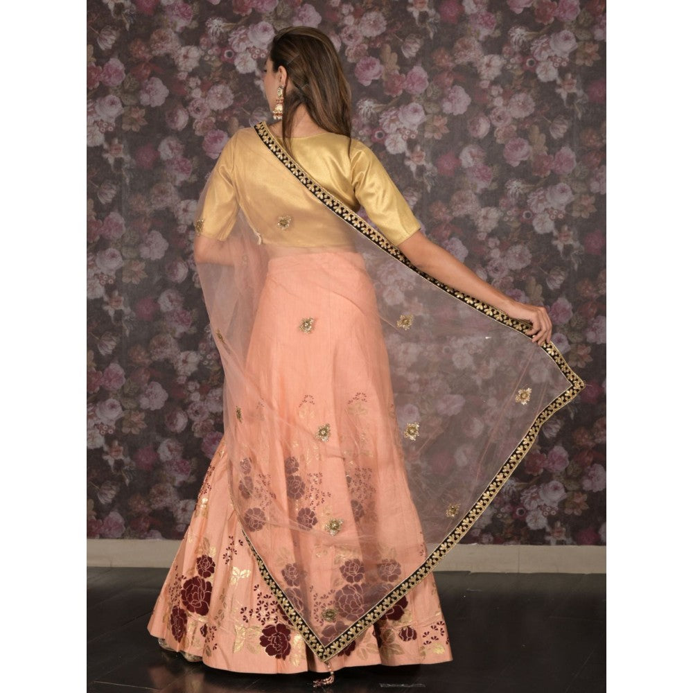 Odette Peach Hand Printed Semi-Stitched Lehenga with Unstitched Blouse and Dupatta (Set of 3)