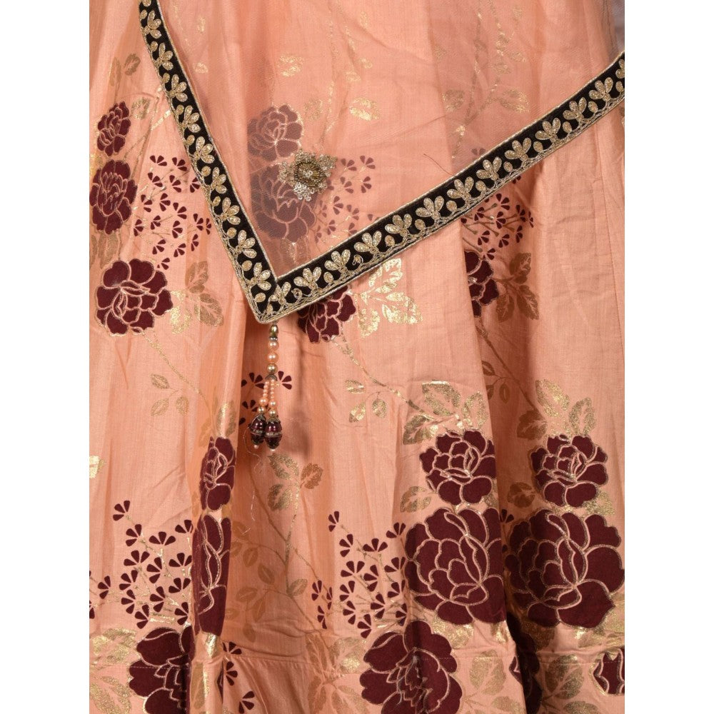 Odette Peach Hand Printed Semi-Stitched Lehenga with Unstitched Blouse and Dupatta (Set of 3)