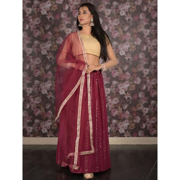 Odette Maroon Maukaish Semi-Stitched Lehenga with Unstitched Blouse and Dupatta (Set of 3)