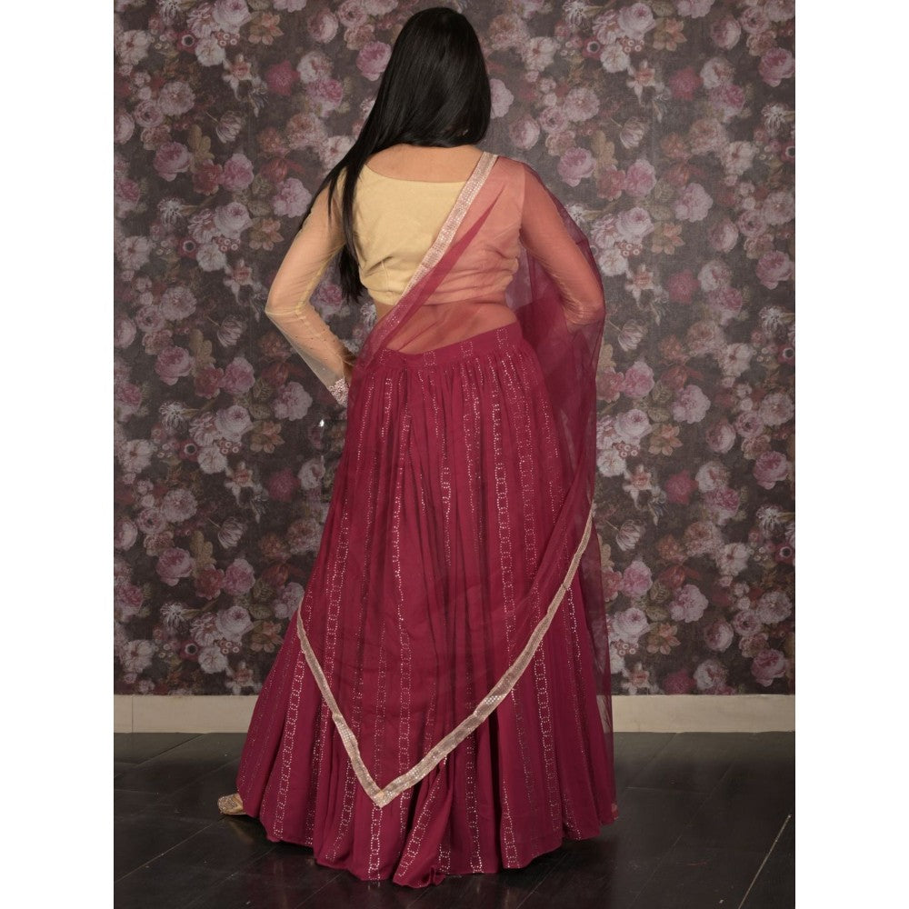 Odette Maroon Maukaish Semi-Stitched Lehenga with Unstitched Blouse and Dupatta (Set of 3)