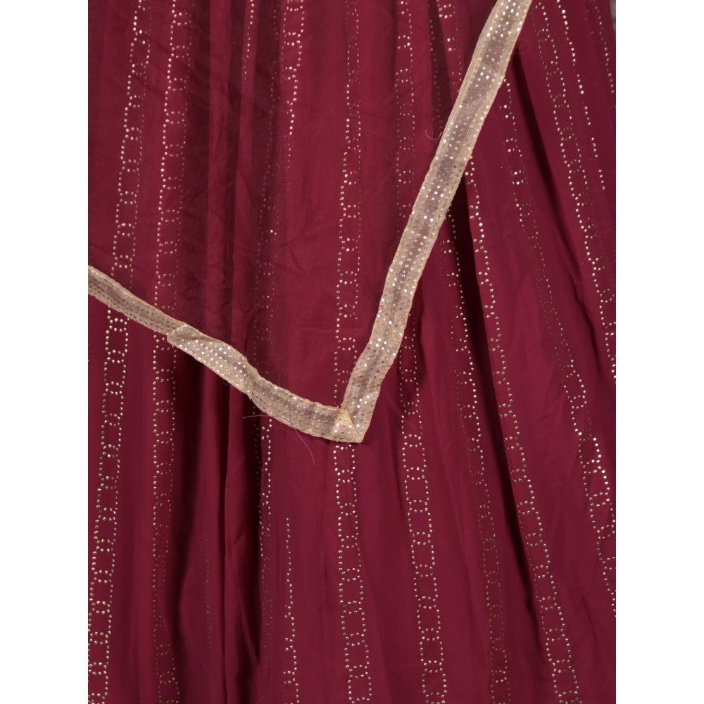 Odette Maroon Maukaish Semi-Stitched Lehenga with Unstitched Blouse and Dupatta (Set of 3)