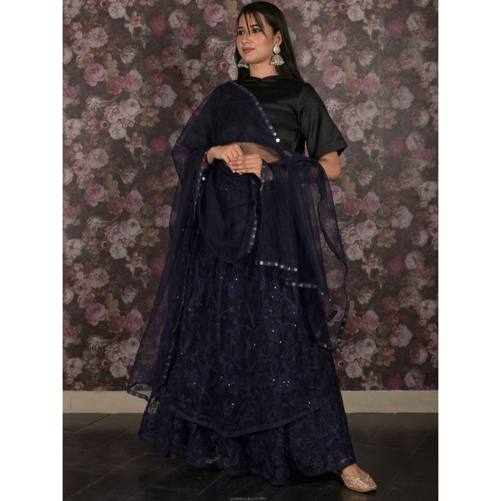 Odette Navy Blue Embroidered Semi-Stitched Lehenga with Unstitched Blouse and Dupatta (Set of 3)