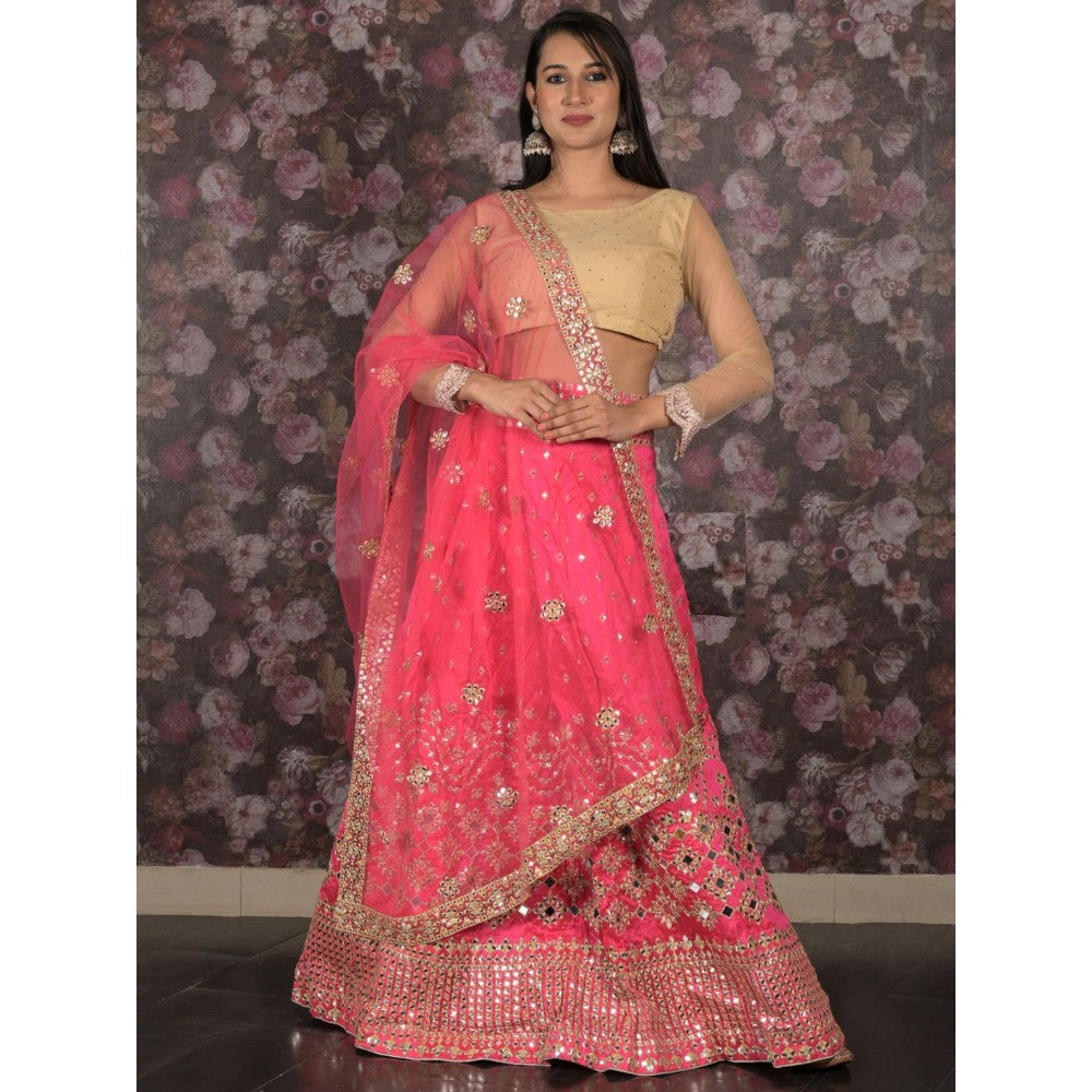 Odette Fuchsia Pink Embroidered Semi-Stitched Lehenga with Unstitched Blouse and Dupatta (Set of 3)