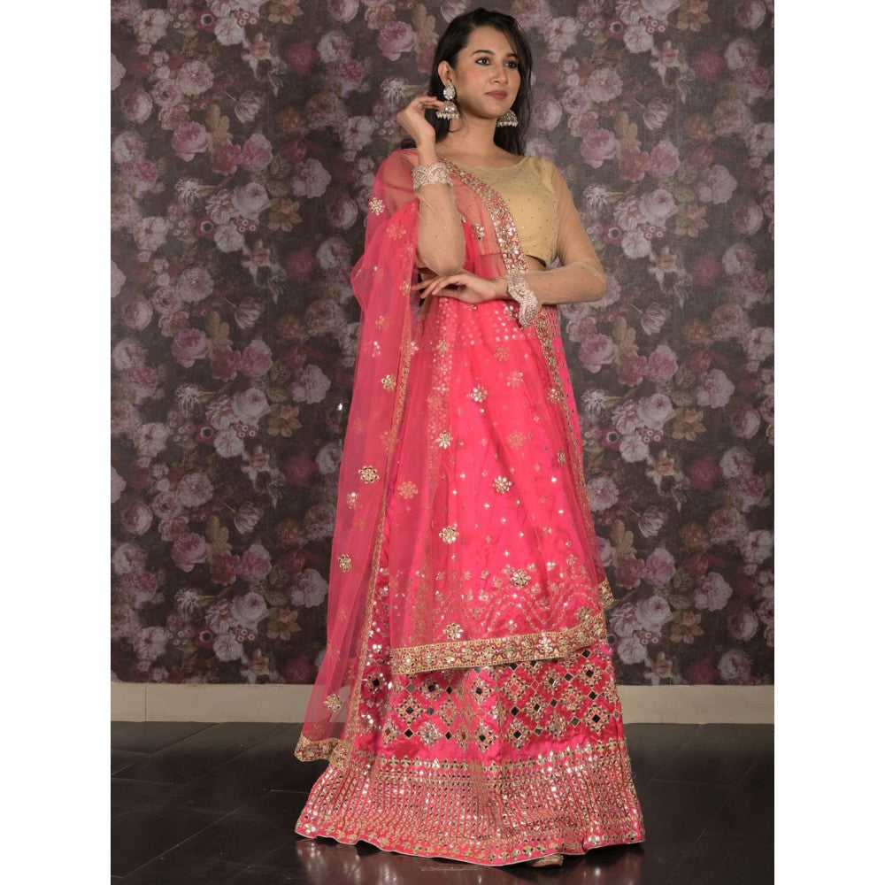 Odette Fuchsia Pink Embroidered Semi-Stitched Lehenga with Unstitched Blouse and Dupatta (Set of 3)