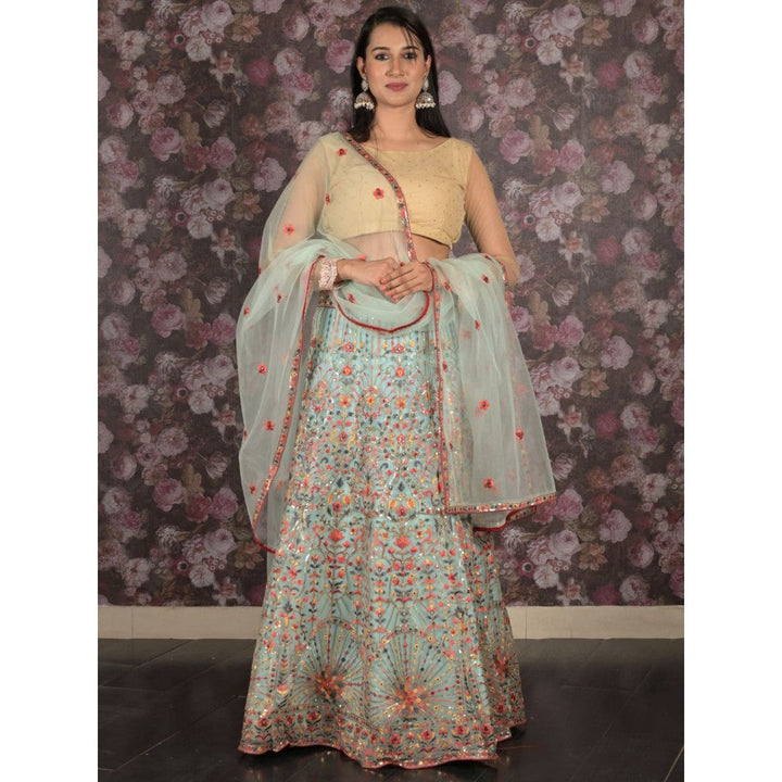 Odette Light Blue Embroidered Semi-Stitched Lehenga with Unstitched Blouse and Dupatta (Set of 3)