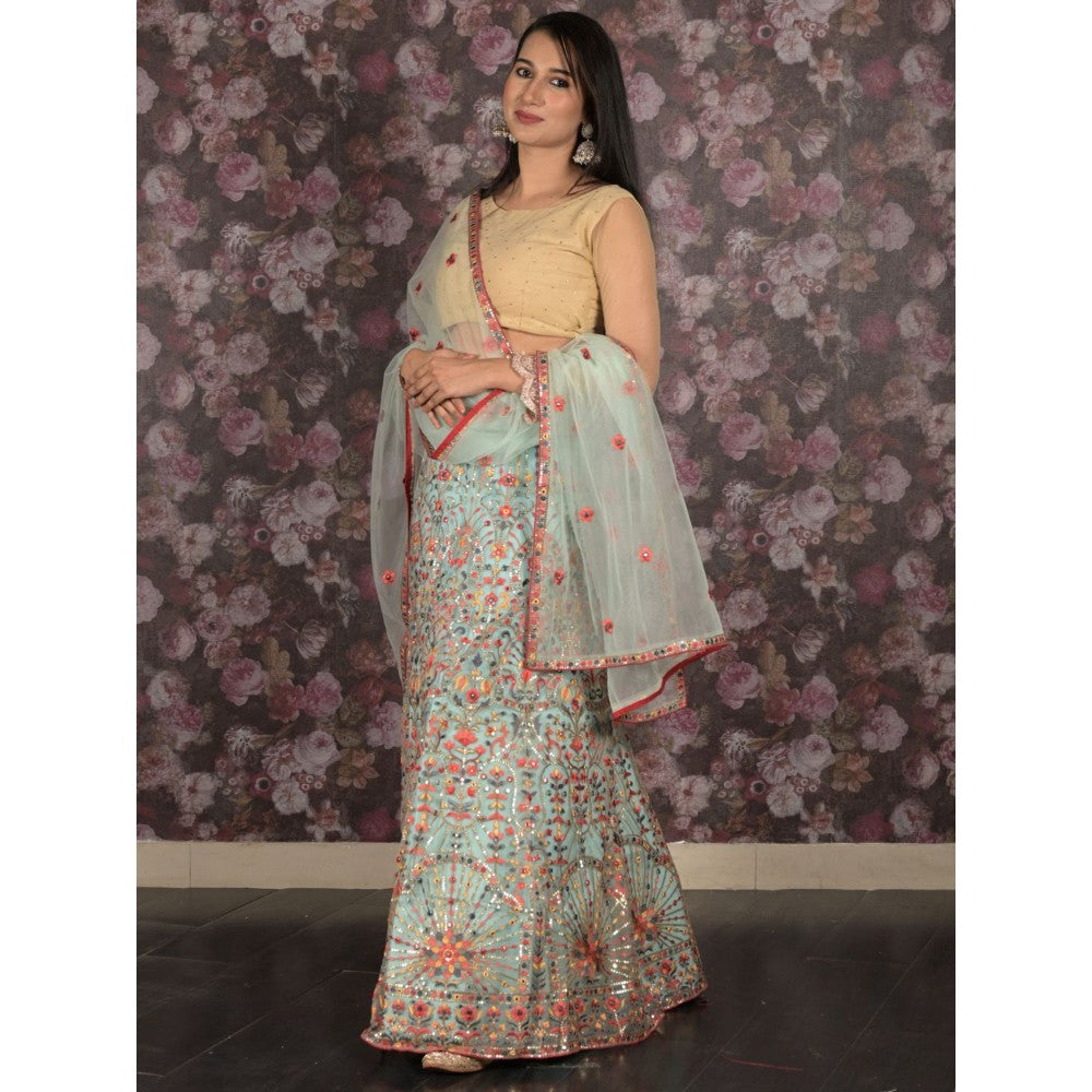 Odette Light Blue Embroidered Semi-Stitched Lehenga with Unstitched Blouse and Dupatta (Set of 3)