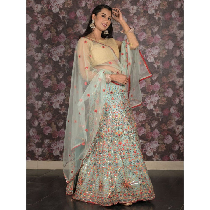 Odette Light Blue Embroidered Semi-Stitched Lehenga with Unstitched Blouse and Dupatta (Set of 3)