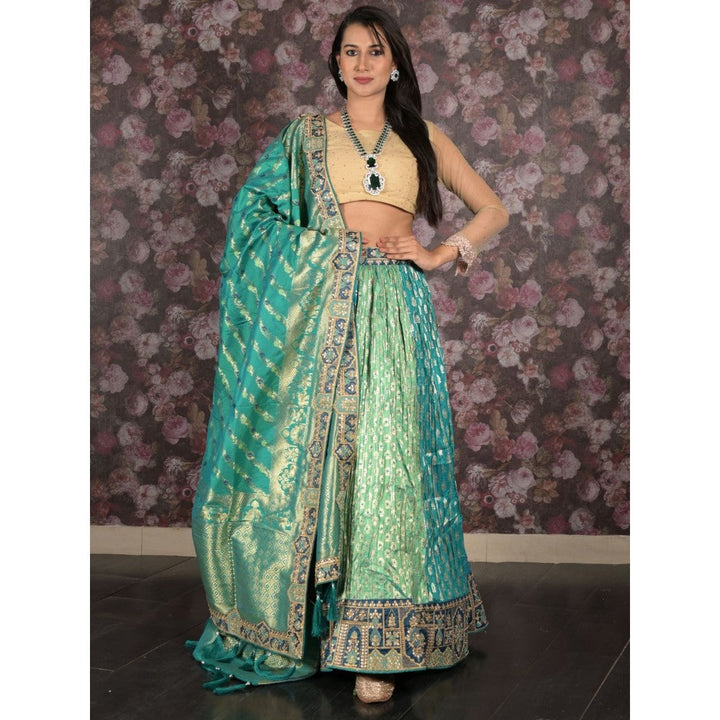 Odette Green Dual Tone Woven Semi-Stitched Lehenga with Unstitched Blouse and Dupatta (Set of 3)