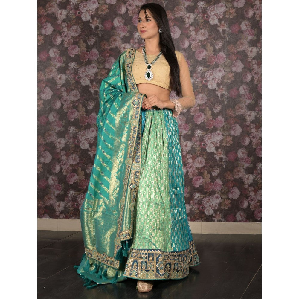 Odette Green Dual Tone Woven Semi-Stitched Lehenga with Unstitched Blouse and Dupatta (Set of 3)