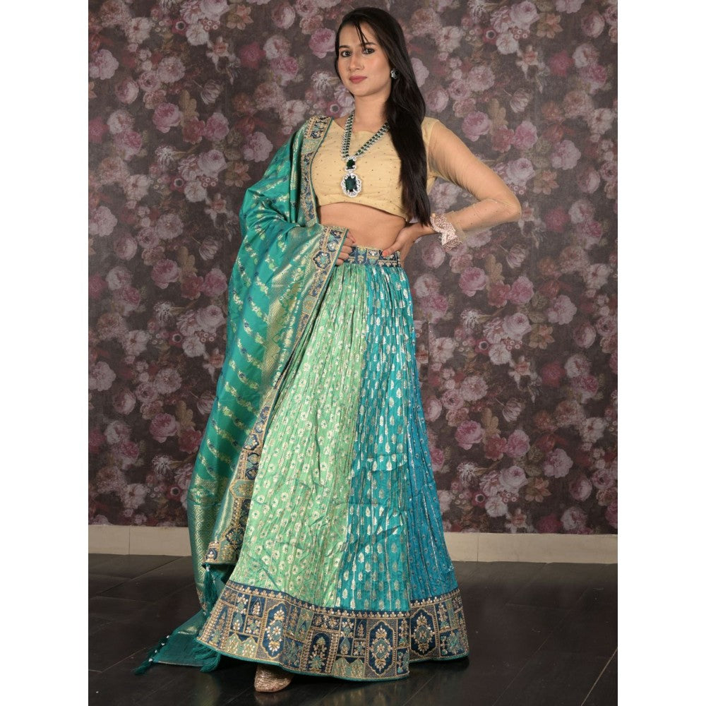 Odette Green Dual Tone Woven Semi-Stitched Lehenga with Unstitched Blouse and Dupatta (Set of 3)