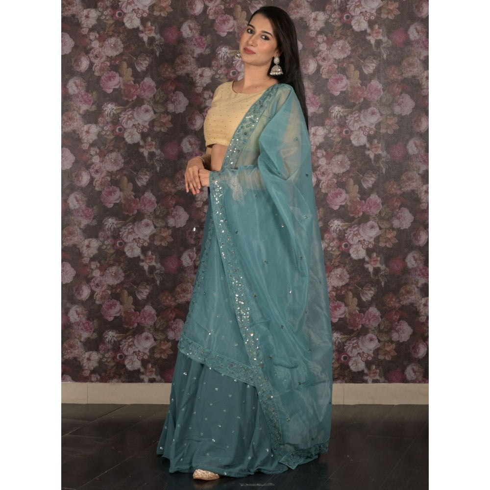 Odette Teal Embroidered Semi-Stitched Lehenga with Unstitched Blouse and Dupatta (Set of 3)