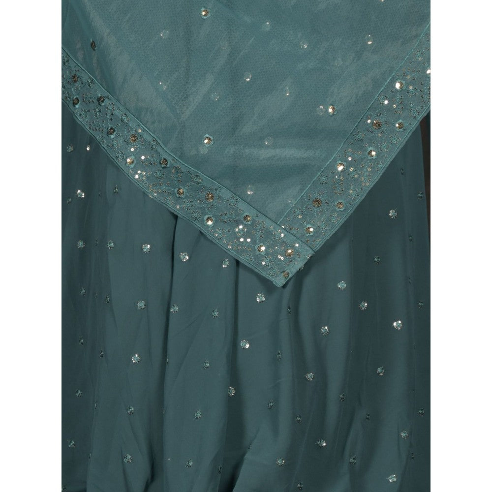 Odette Teal Embroidered Semi-Stitched Lehenga with Unstitched Blouse and Dupatta (Set of 3)