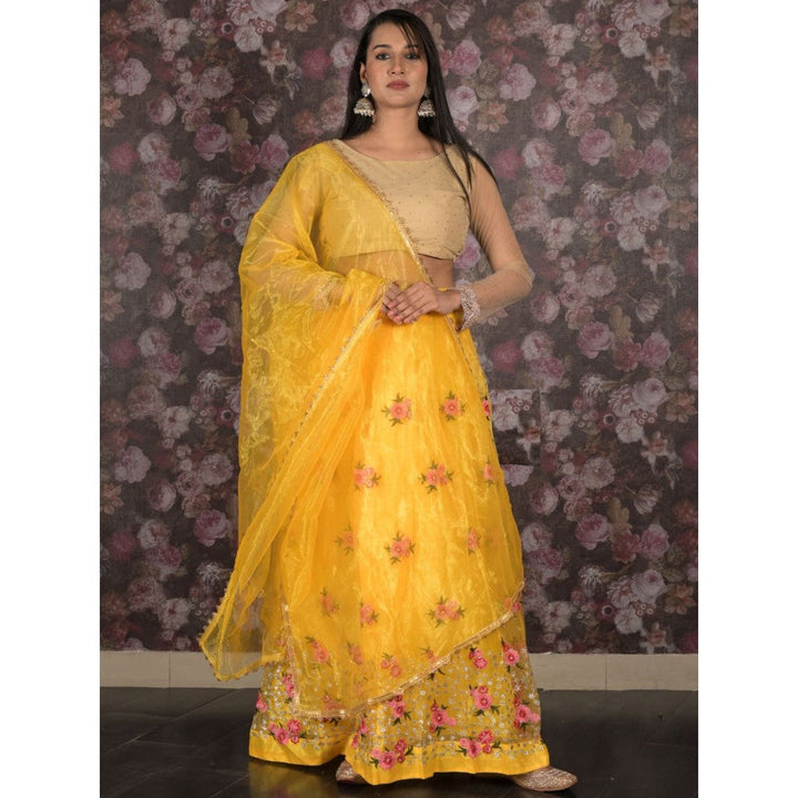 Odette Yellow Floral Embroidered Semi-Stitched Lehenga with Unstitched Blouse and Dupatta (Set of 3)