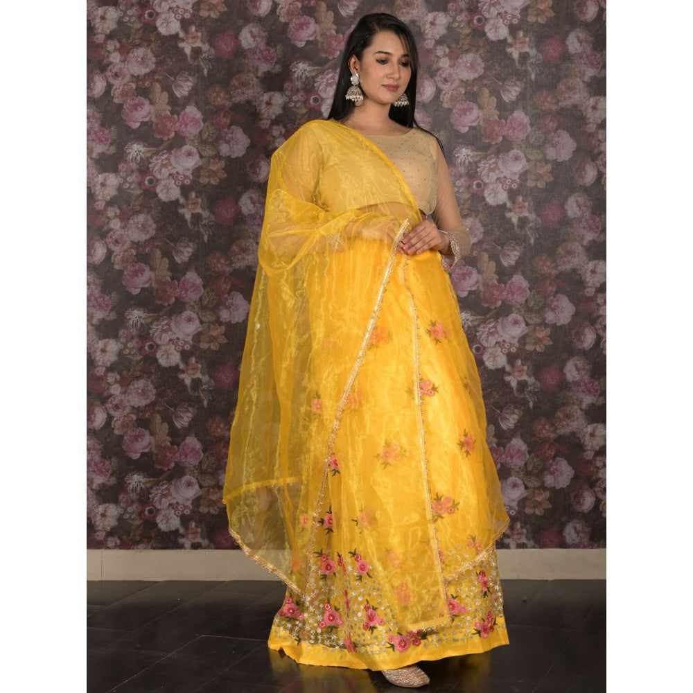 Odette Yellow Floral Embroidered Semi-Stitched Lehenga with Unstitched Blouse and Dupatta (Set of 3)