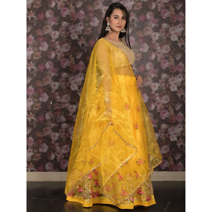 Odette Yellow Floral Embroidered Semi-Stitched Lehenga with Unstitched Blouse and Dupatta (Set of 3)