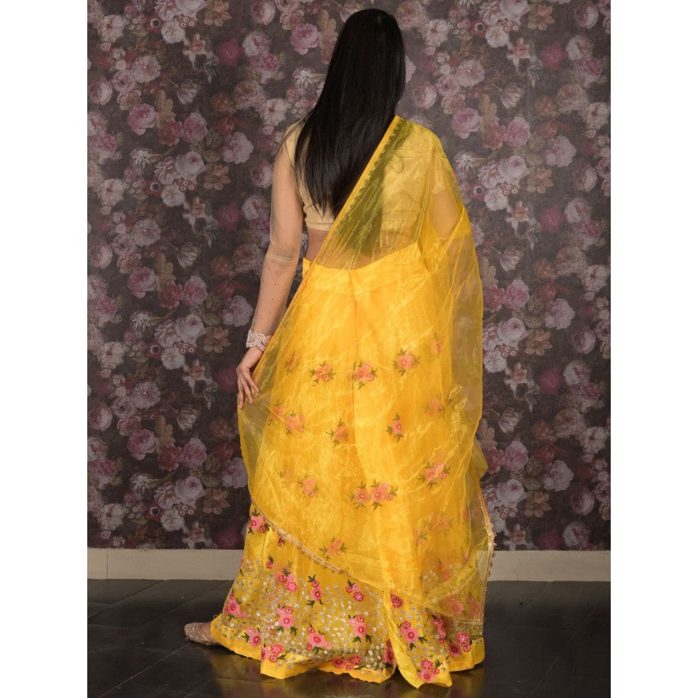 Odette Yellow Floral Embroidered Semi-Stitched Lehenga with Unstitched Blouse and Dupatta (Set of 3)