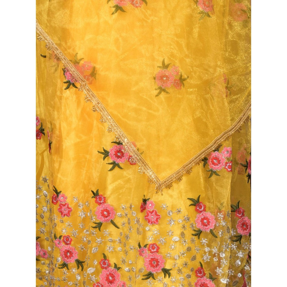 Odette Yellow Floral Embroidered Semi-Stitched Lehenga with Unstitched Blouse and Dupatta (Set of 3)