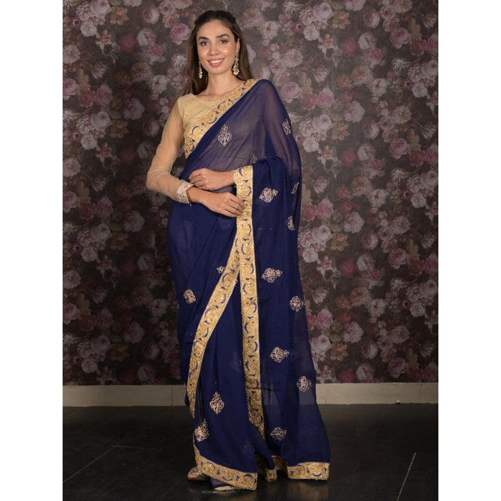 Odette Women Navy Blue Chiffon Embroidered Saree