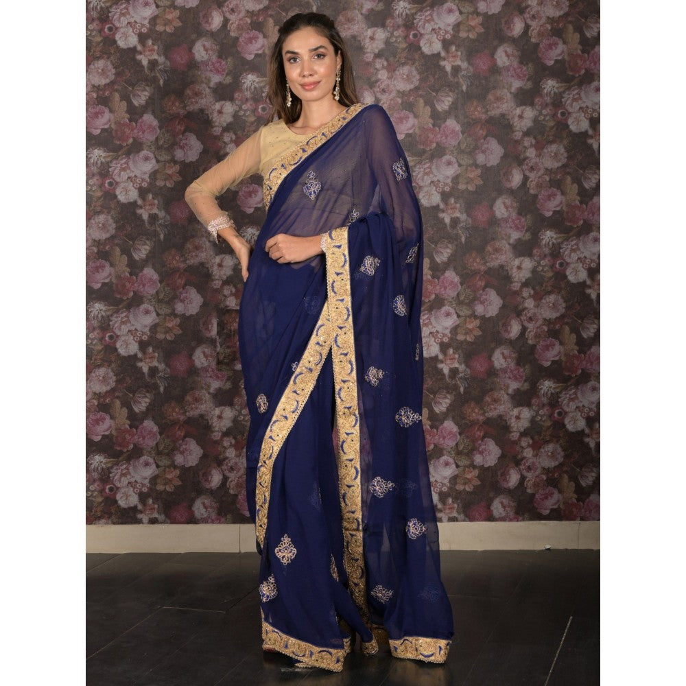 Odette Women Navy Blue Chiffon Embroidered Saree