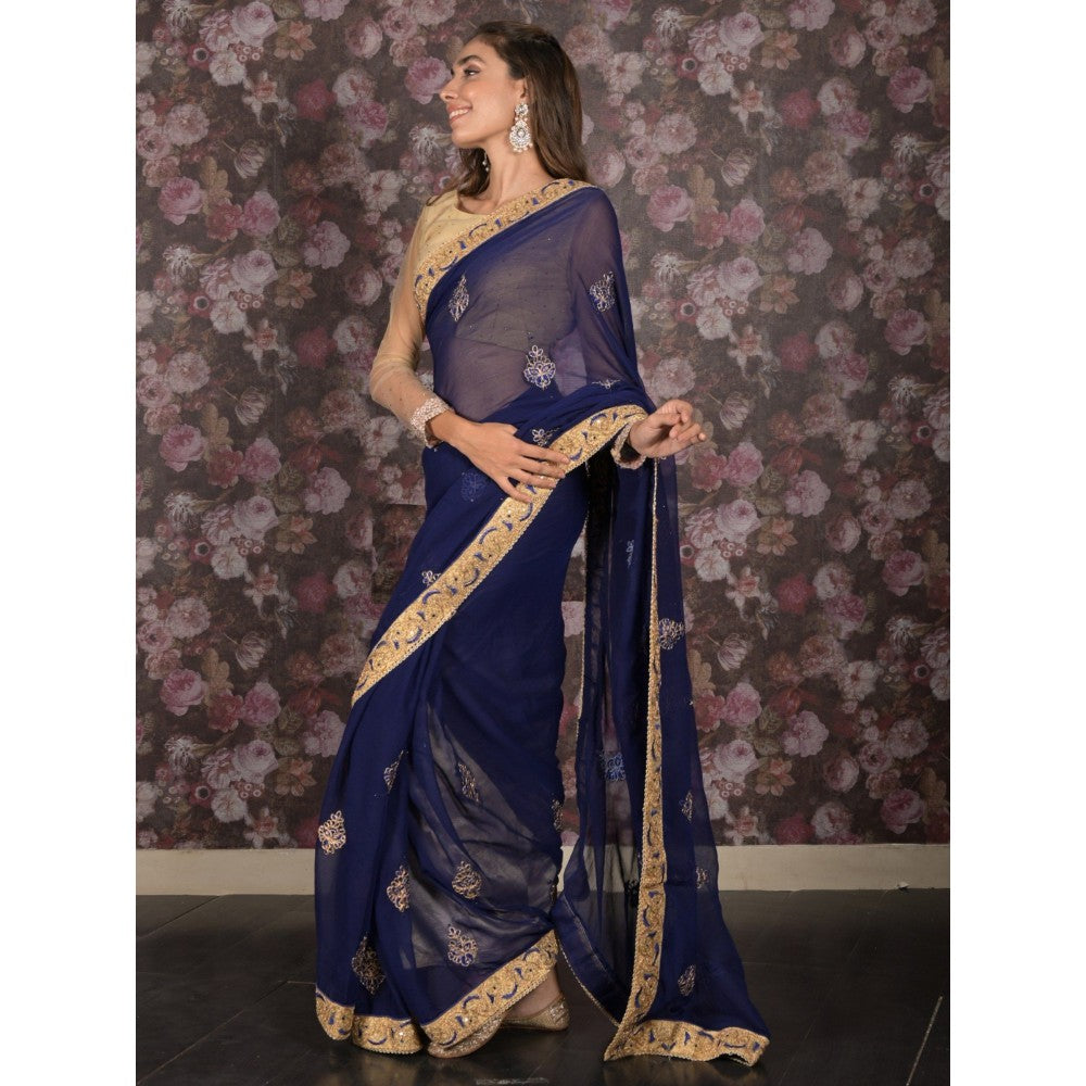 Odette Women Navy Blue Chiffon Embroidered Saree