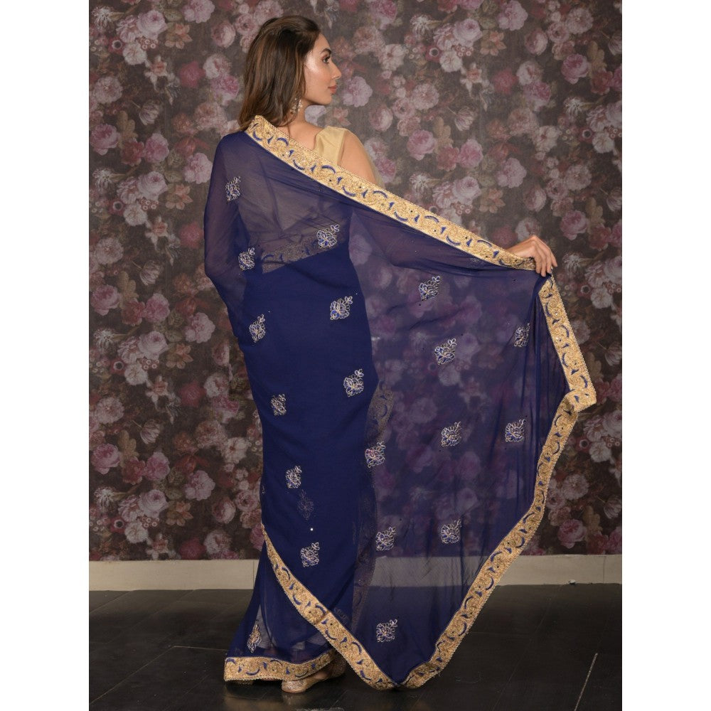 Odette Women Navy Blue Chiffon Embroidered Saree