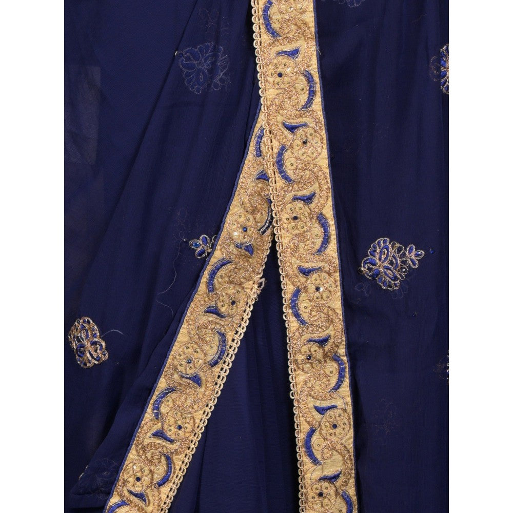 Odette Women Navy Blue Chiffon Embroidered Saree