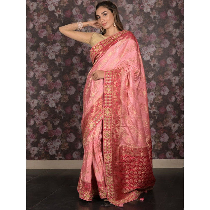 Odette Women Pink Satin Embroidered Saree with Unstitched Blouse