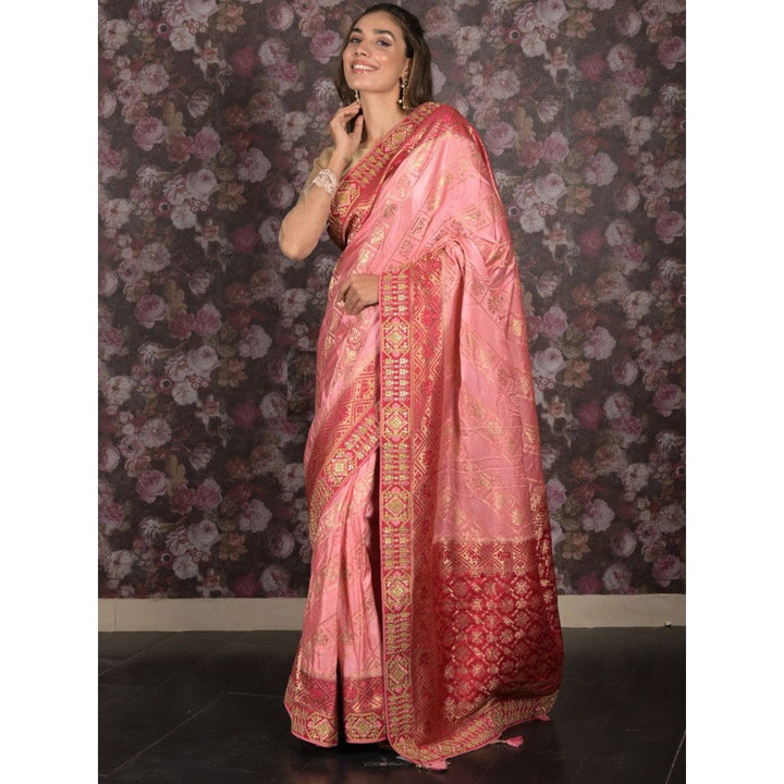 Odette Women Pink Satin Embroidered Saree with Unstitched Blouse