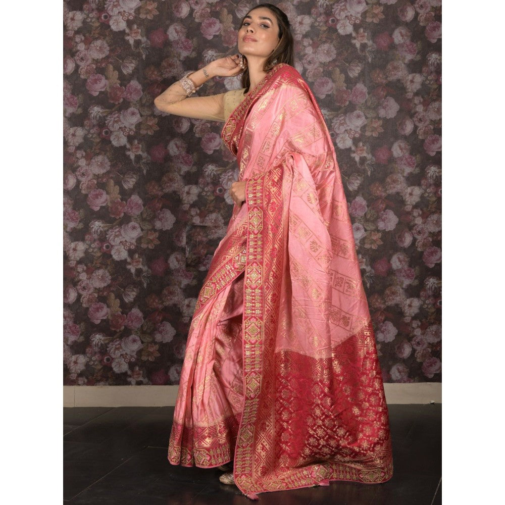 Odette Women Pink Satin Embroidered Saree with Unstitched Blouse