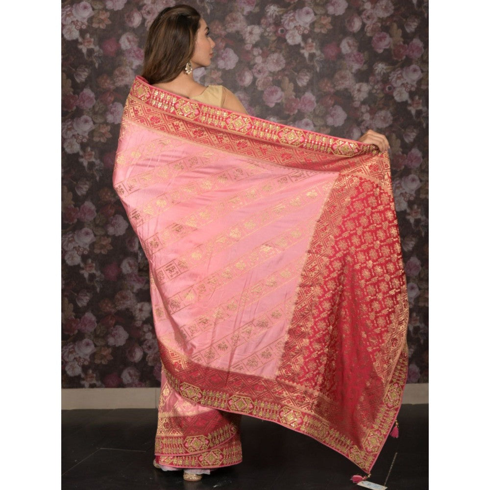 Odette Women Pink Satin Embroidered Saree with Unstitched Blouse