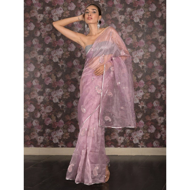 Odette Women Lavender Organza Embroidered Saree