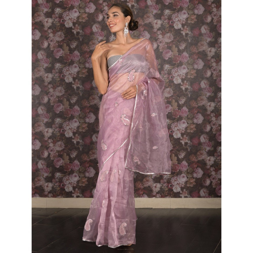 Odette Women Lavender Organza Embroidered Saree