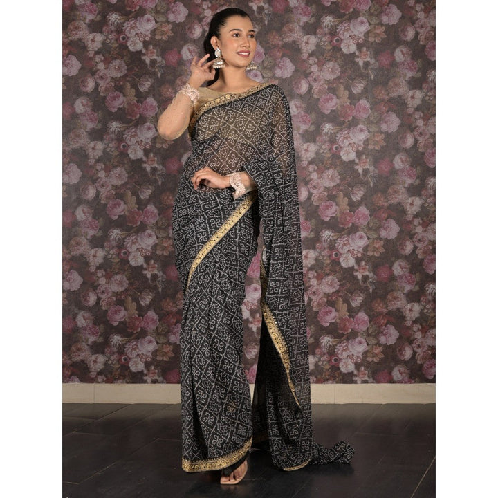 Odette Women Black Georgette Printed Saree with Unstitched Blouse