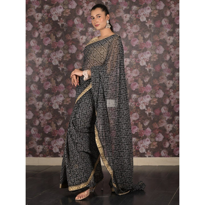 Odette Women Black Georgette Printed Saree with Unstitched Blouse