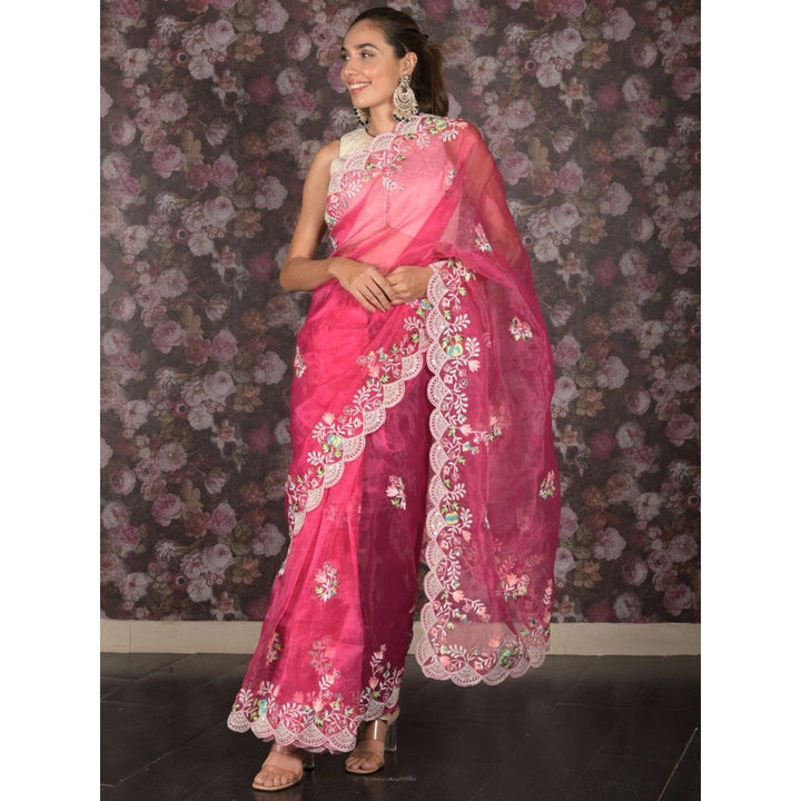 Odette Women Magenta Organza Embroidered Saree with Unstitched Blouse