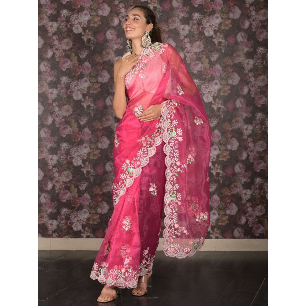 Odette Women Magenta Organza Embroidered Saree with Unstitched Blouse