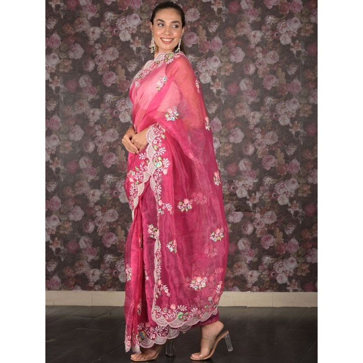 Odette Women Magenta Organza Embroidered Saree with Unstitched Blouse