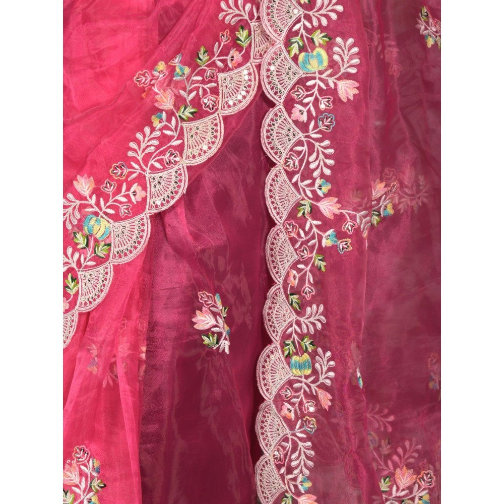 Odette Women Magenta Organza Embroidered Saree with Unstitched Blouse