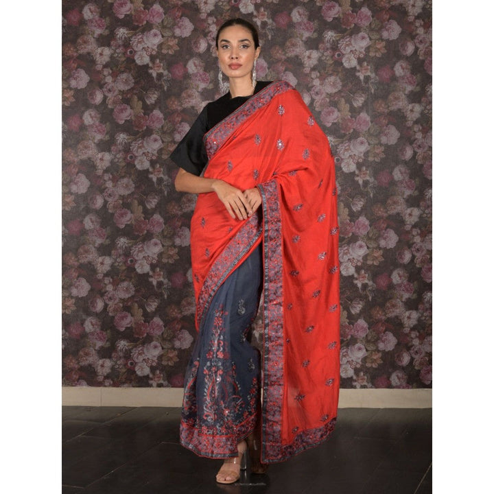 Odette Women Red Silk Blend Embroidered Saree