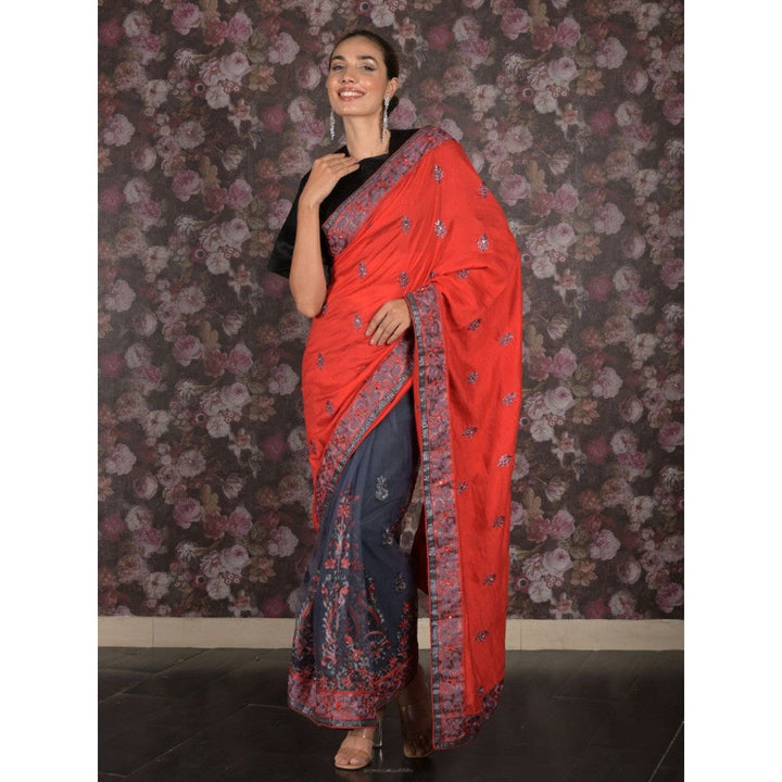 Odette Women Red Silk Blend Embroidered Saree