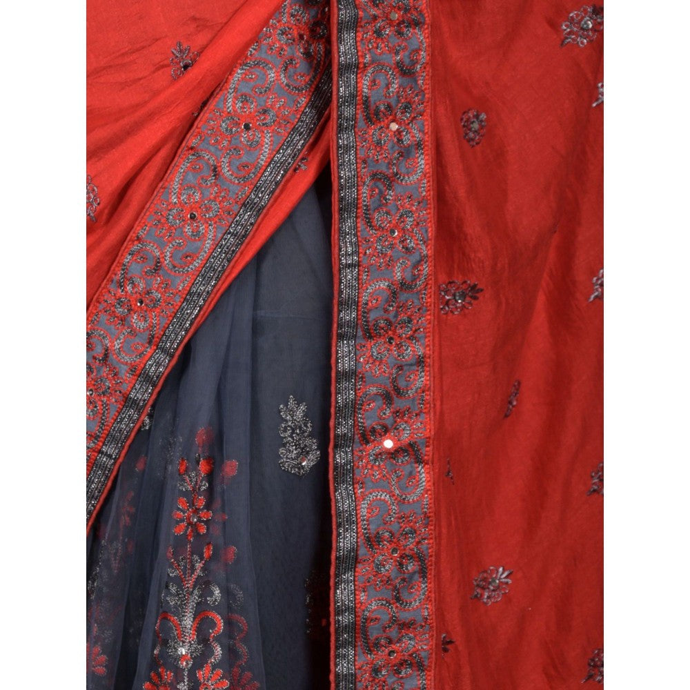 Odette Women Red Silk Blend Embroidered Saree