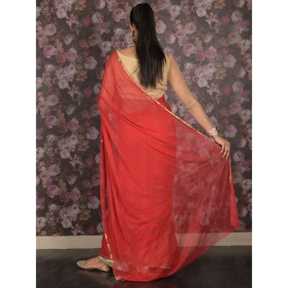 Odette Women Red Chiffon Printed Saree with Unstitched Blouse