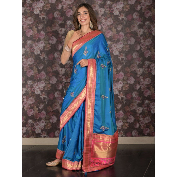 Odette Women Blue Satin Embroidered Saree with Unstitched Blouse