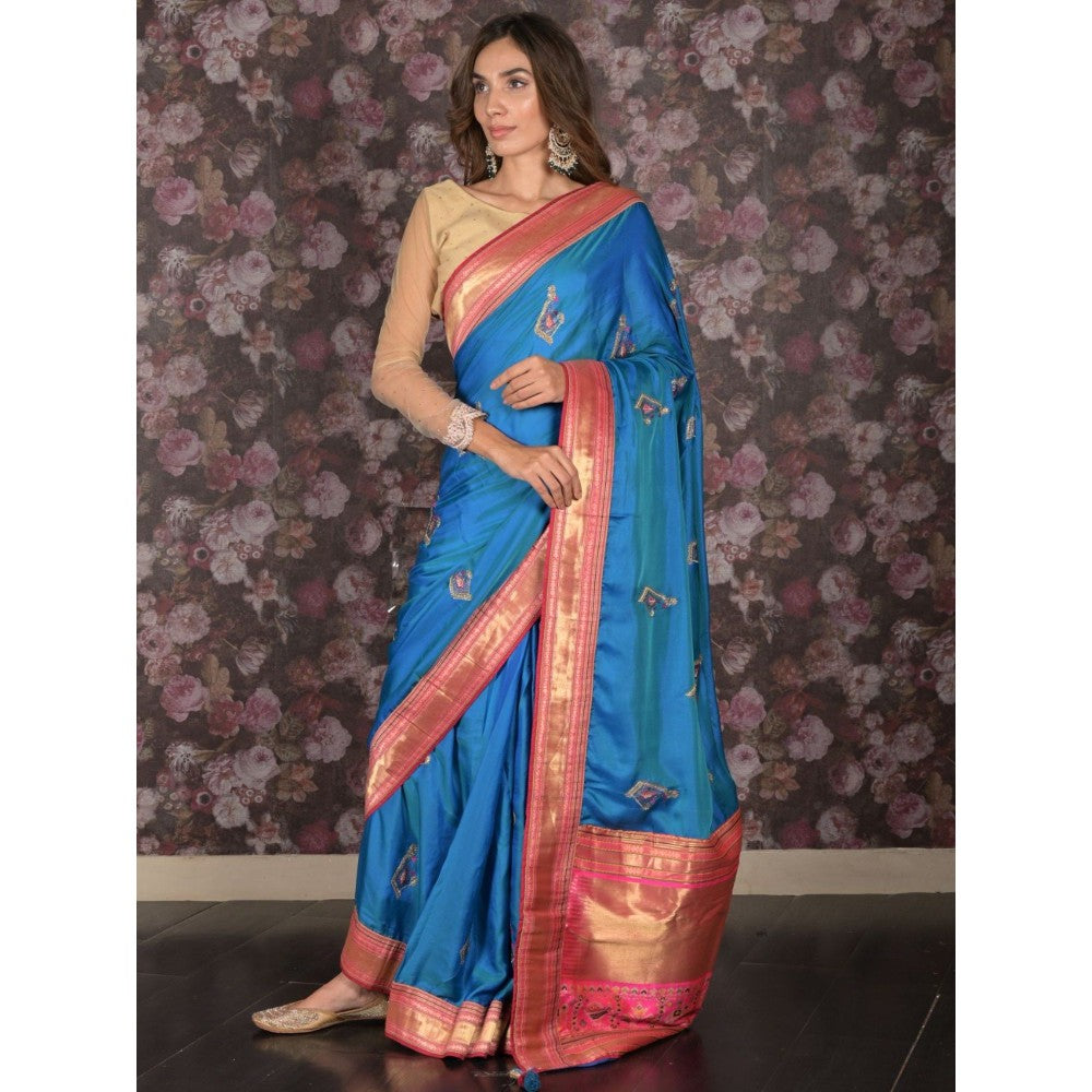 Odette Women Blue Satin Embroidered Saree with Unstitched Blouse