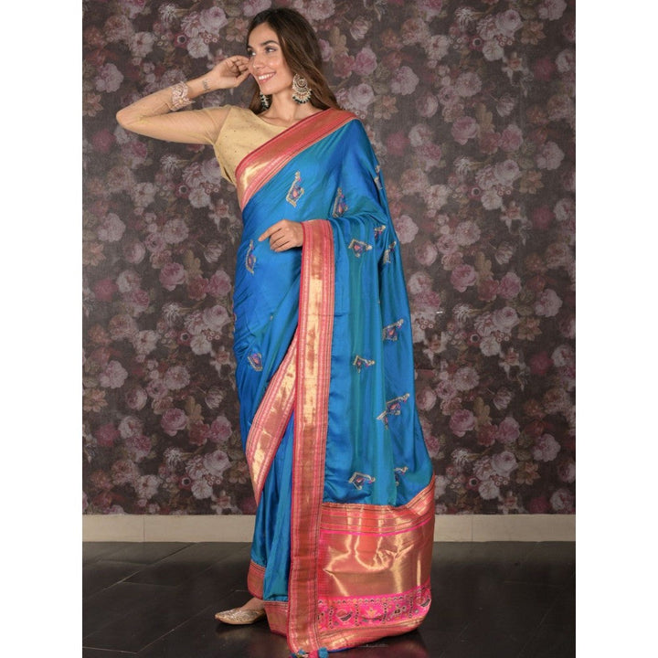 Odette Women Blue Satin Embroidered Saree with Unstitched Blouse