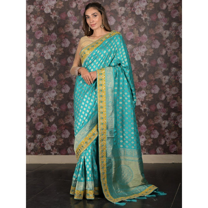 Odette Women Blue Silk Blend Woven Saree with Unstitched Blouse