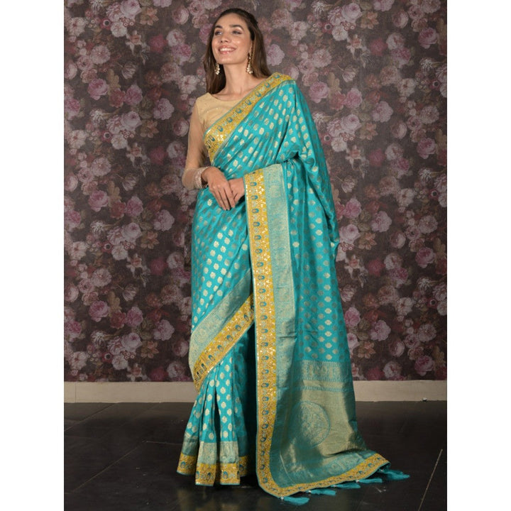 Odette Women Blue Silk Blend Woven Saree with Unstitched Blouse