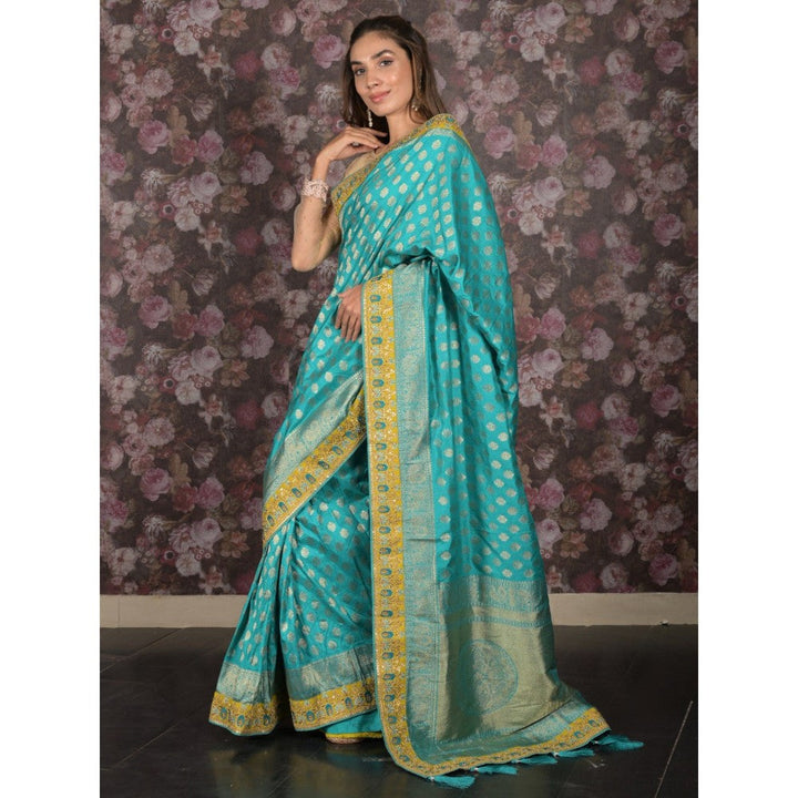 Odette Women Blue Silk Blend Woven Saree with Unstitched Blouse